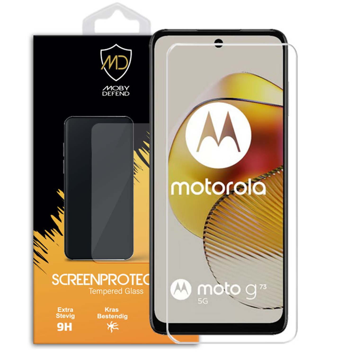 Protecteur d'écran pour Motorola Moto g73 5G. Boîte, téléphone et protecteur sont visibles.
