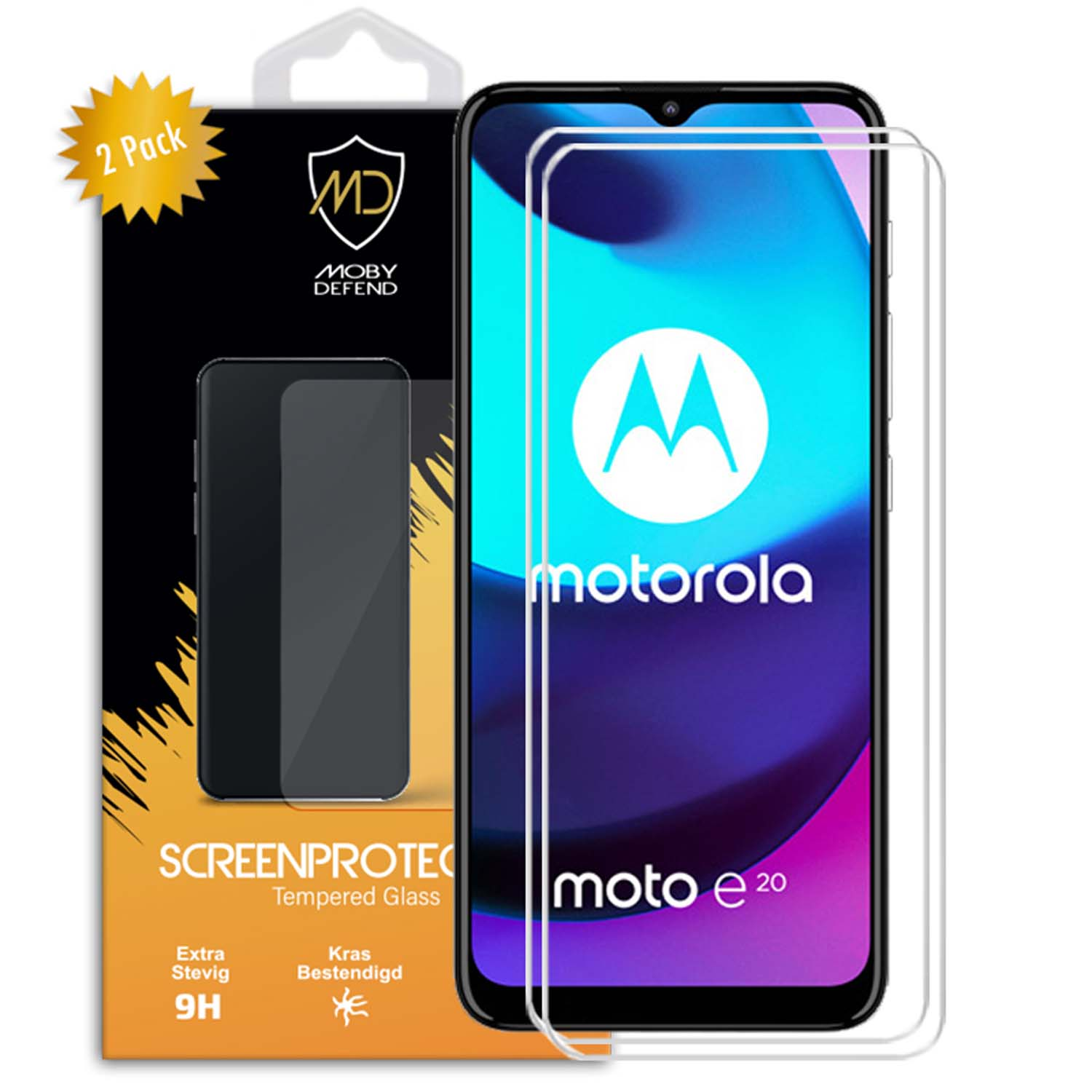 Protecteur d'écran avec téléphone à droite et emballage à gauche. Texte : ScreenProtect, 9H, Moby Defend et moto e20.