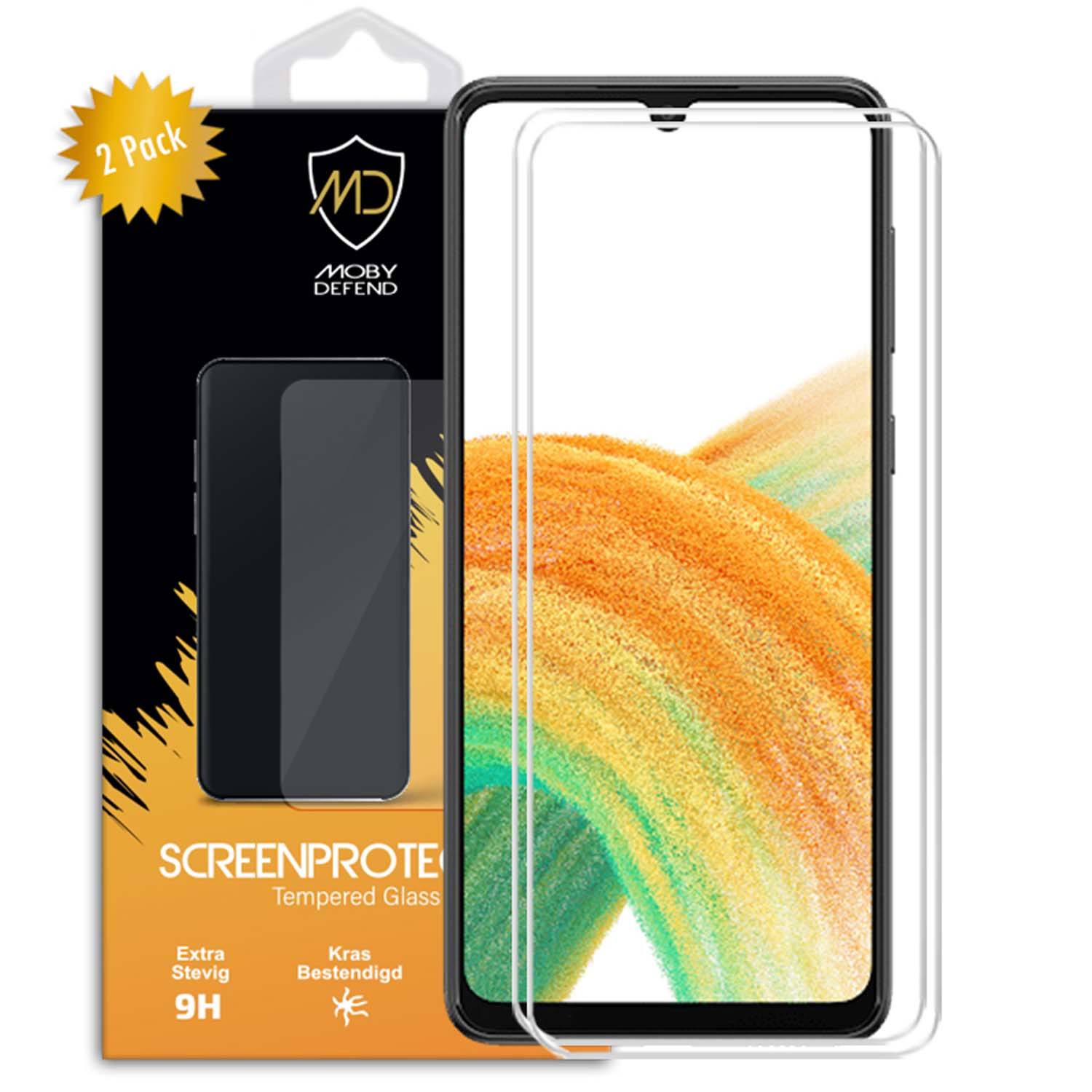 Un téléphone avec protecteurs d'écran et emballage. L'écran affiche un design orange.