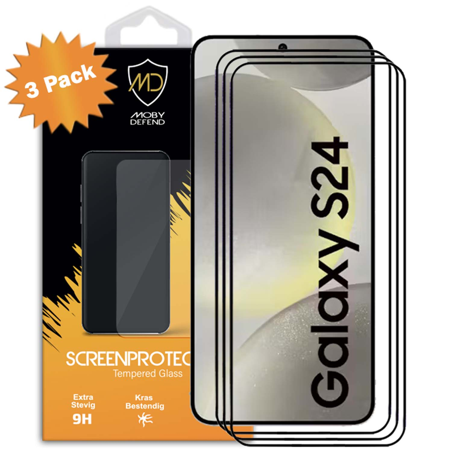 Protecteur d'écran sur un téléphone et une boîte. Le téléphone affiche Galaxy S24. Boîte noire.