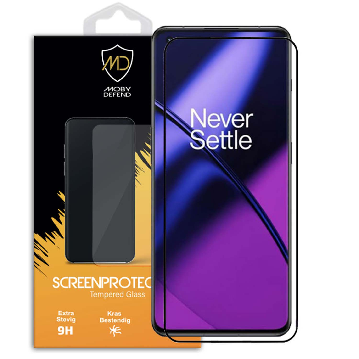 Protecteur d'écran de téléphone avec boîte. Téléphone à droite. Boîte avec détails à gauche.