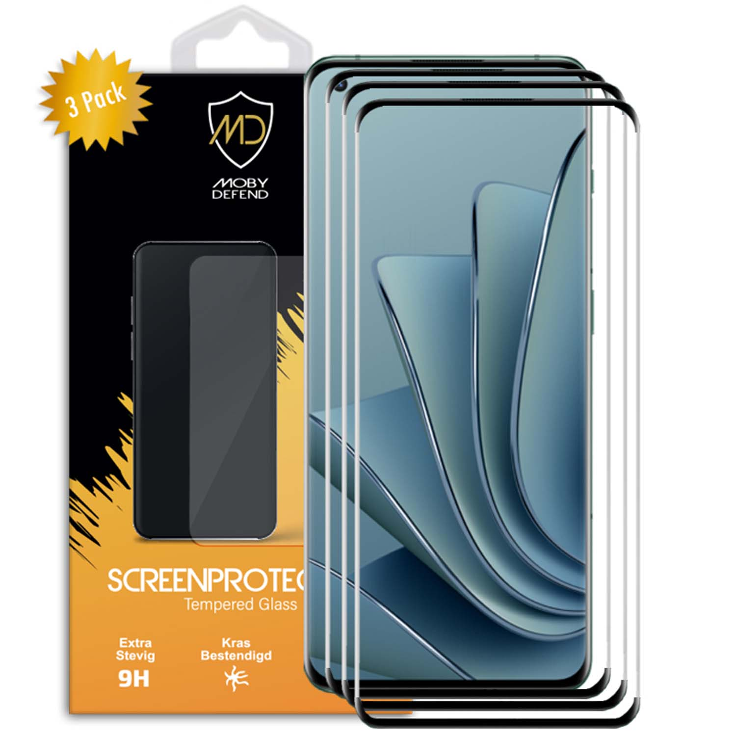 Paquet de protecteur d'écran de téléphone, téléphone avec protecteur et boîte noire et dorée.