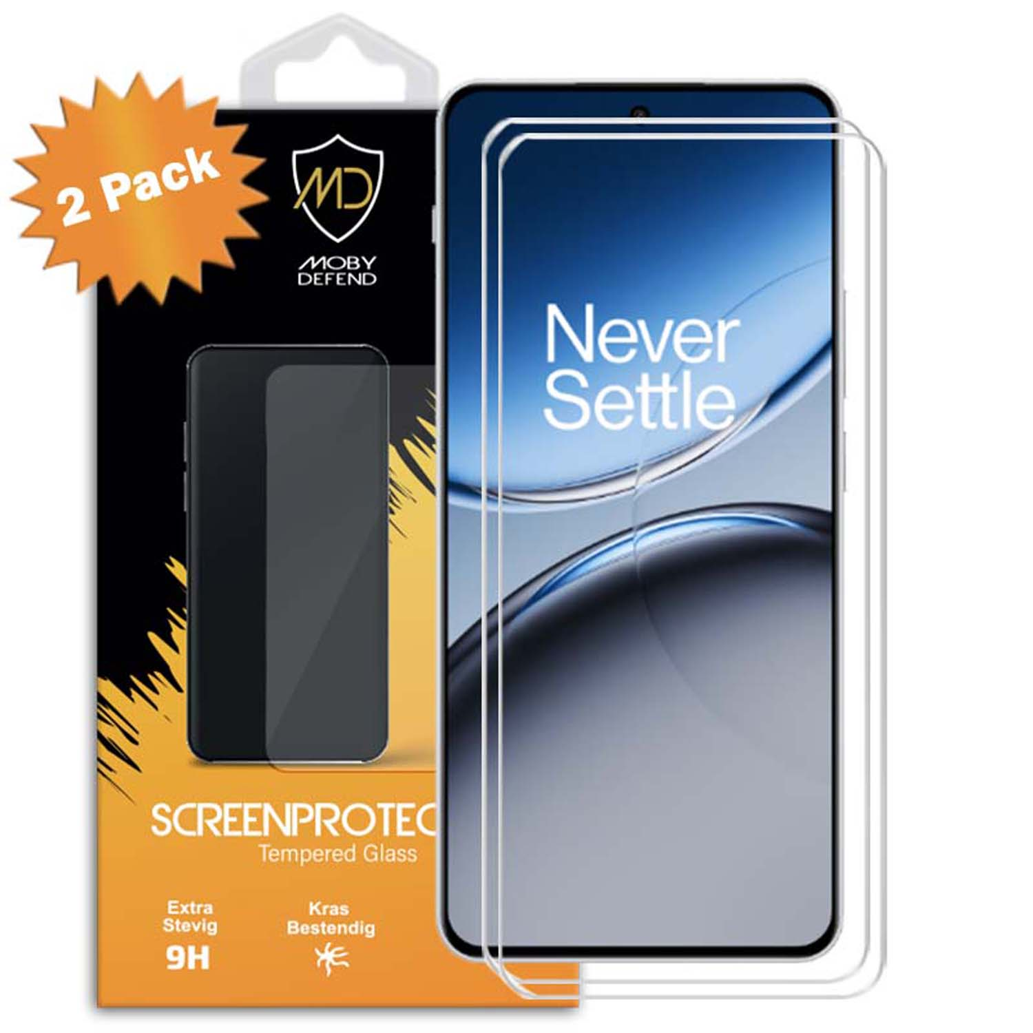 Téléphone avec protections d'écran. Pack montre le téléphone et 2 protections.