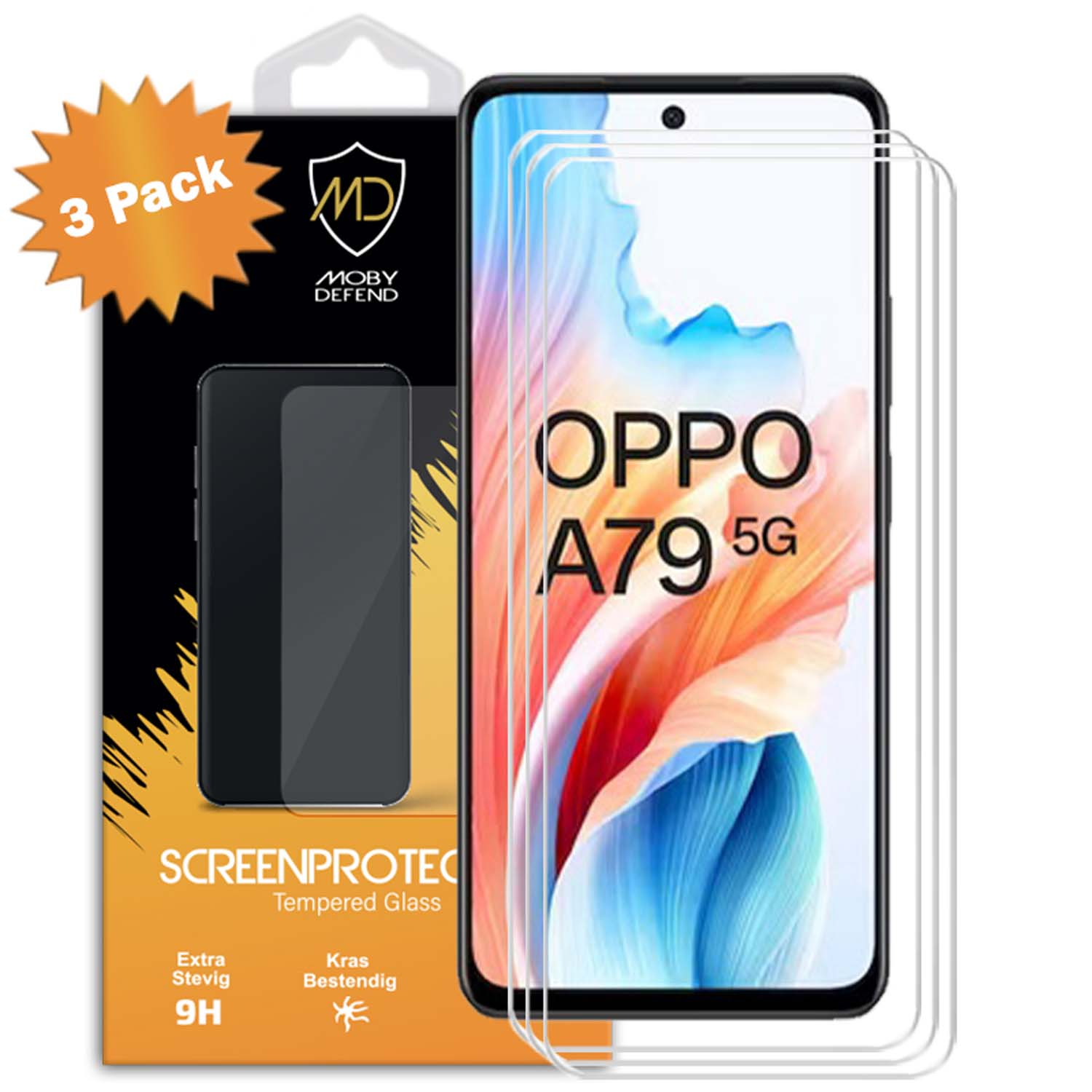 Drie schermbeschermers met telefoon en verpakking, zwarte frames.