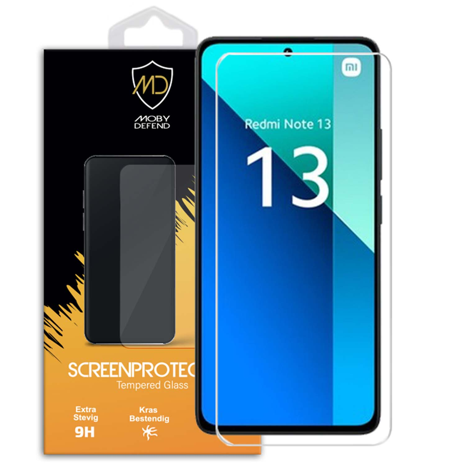 Schermbeschermer op een telefoon en doos. Telefoon toont Redmi Note 13. Zwarte doos.