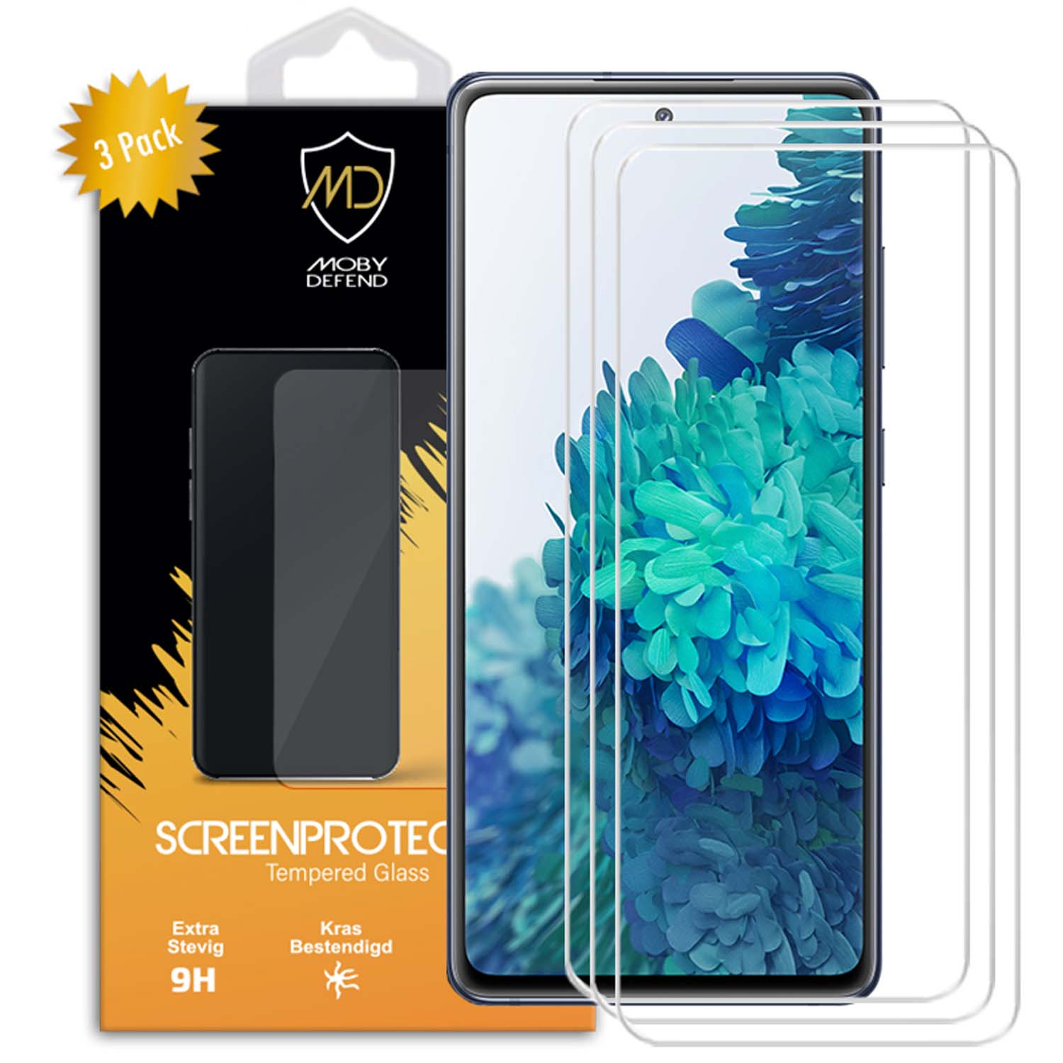 Telefoonschermbeschermer voor Samsung. Doos, telefoon en drie beschermers zijn zichtbaar.