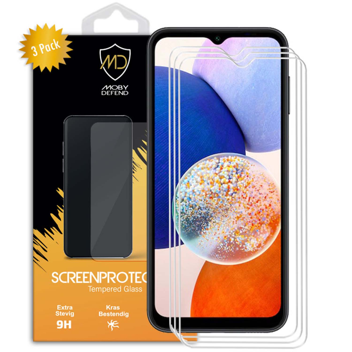 Een schermbeschermer verpakking met een telefoonscherm met een ontwerp en een '3 Pack' sticker.