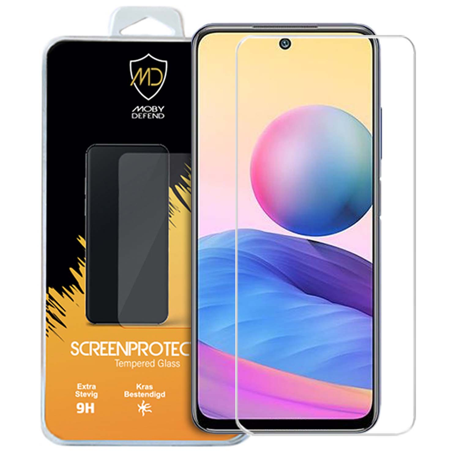 Telefoon met schermbeschermer, met verpakking en tekst. Het scherm toont een blauwe en gele achtergrond.