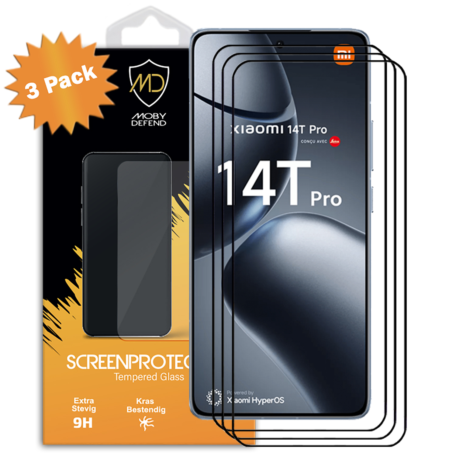 Schermbeschermers met telefoon en een doos met productdetails.