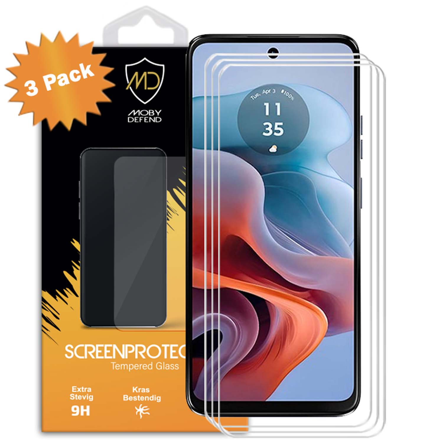 Telefoonschermbeschermer verpakking met telefoon. Zwarte en gele verpakking met telefoon en beschermer.
