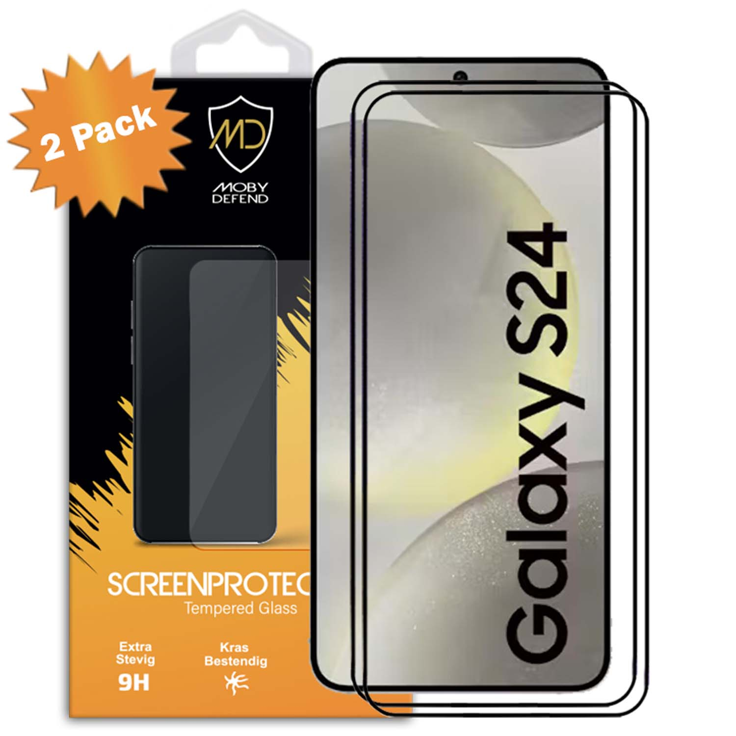 Emballage de protection d'écran et téléphone Samsung Galaxy S24. Boîte noire avec image et deux protecteurs.