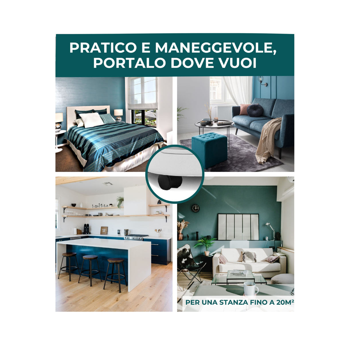 Quattro scene d'interni con testo. Mostrano una camera da letto, un soggiorno, una cucina e un altro soggiorno. Sfondo bianco.