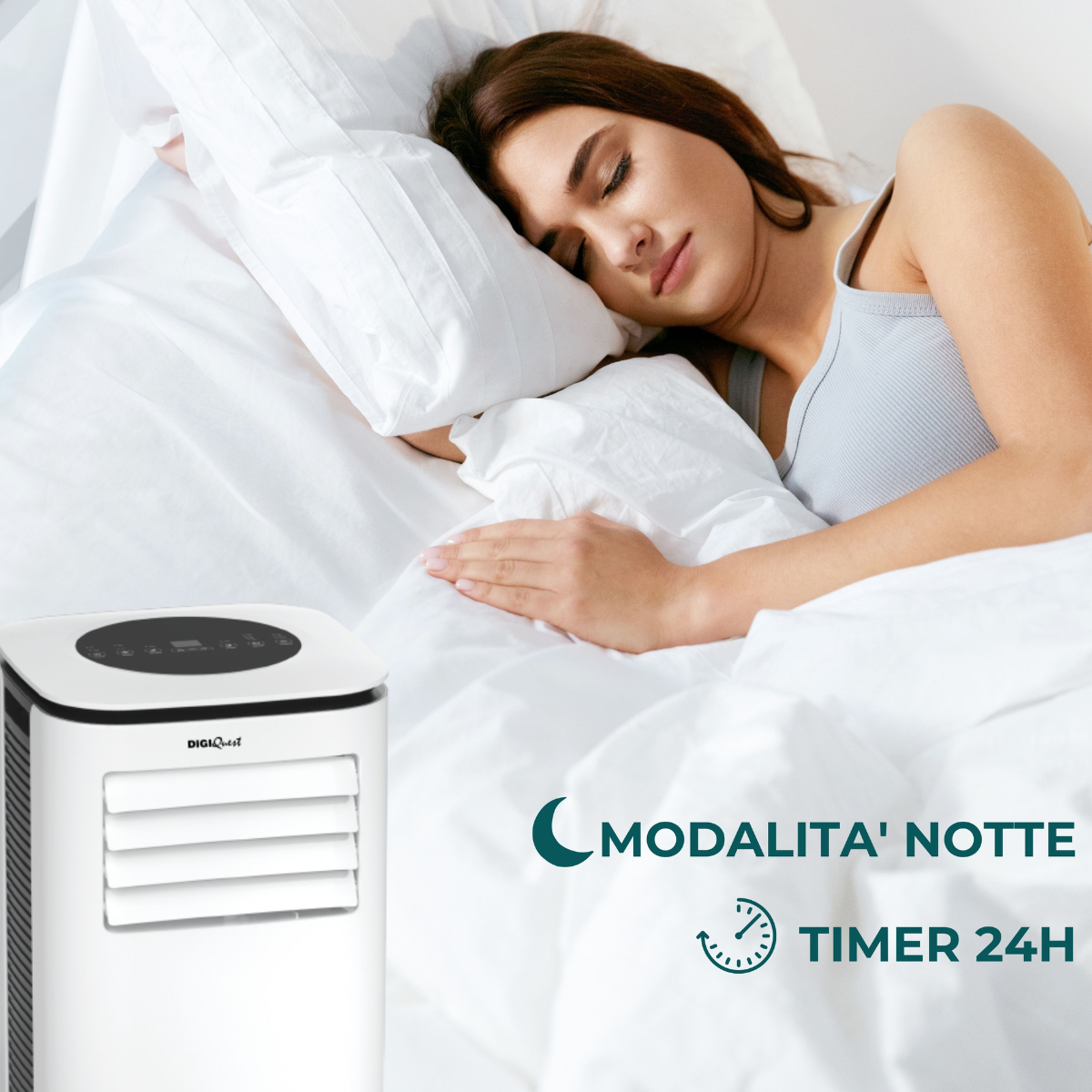 Una donna che dorme accanto a un condizionatore bianco, con la scritta "Modalità Notte" e un timer di 24 ore.