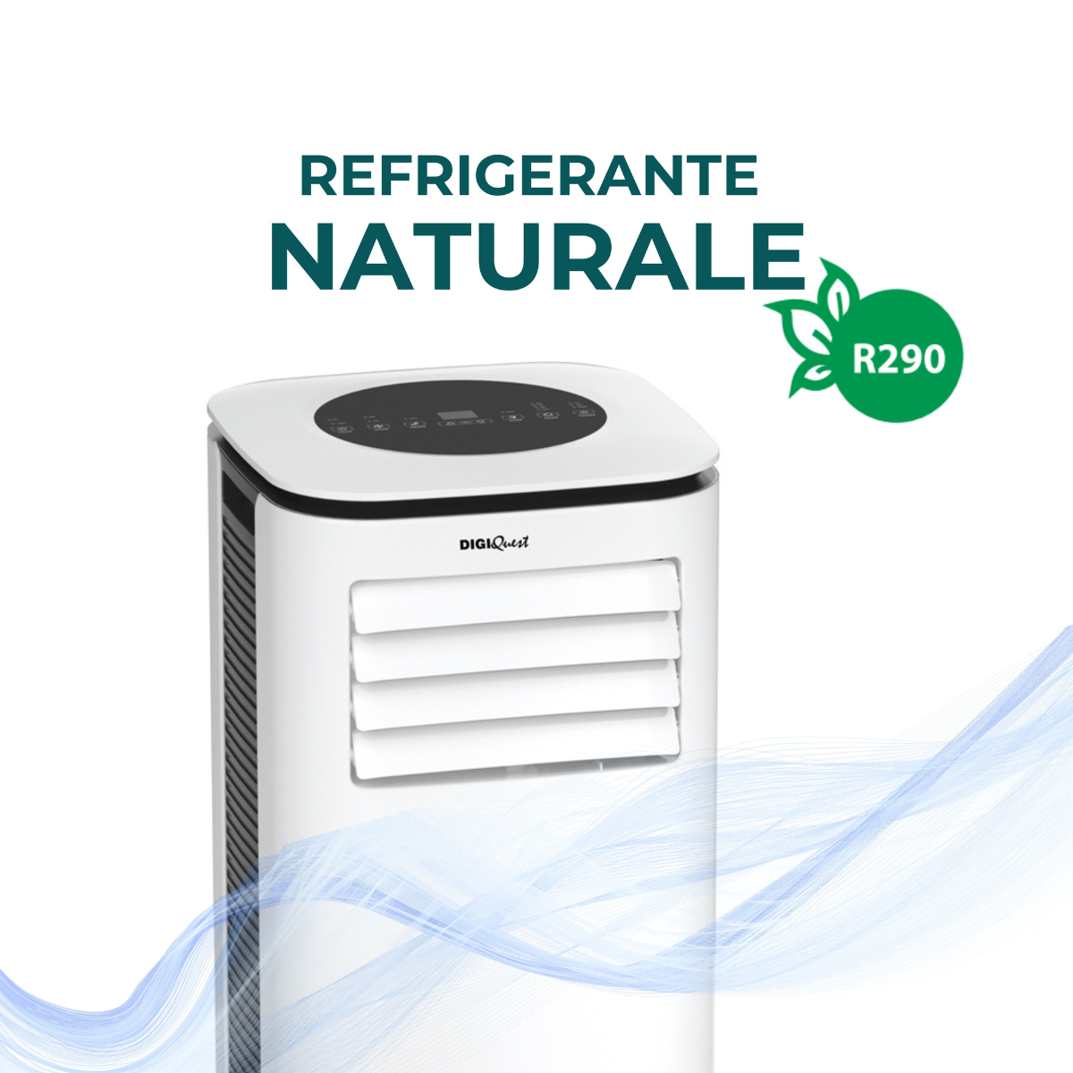 Condizionatore portatile bianco e nero con testo e un'icona a forma di foglia verde.