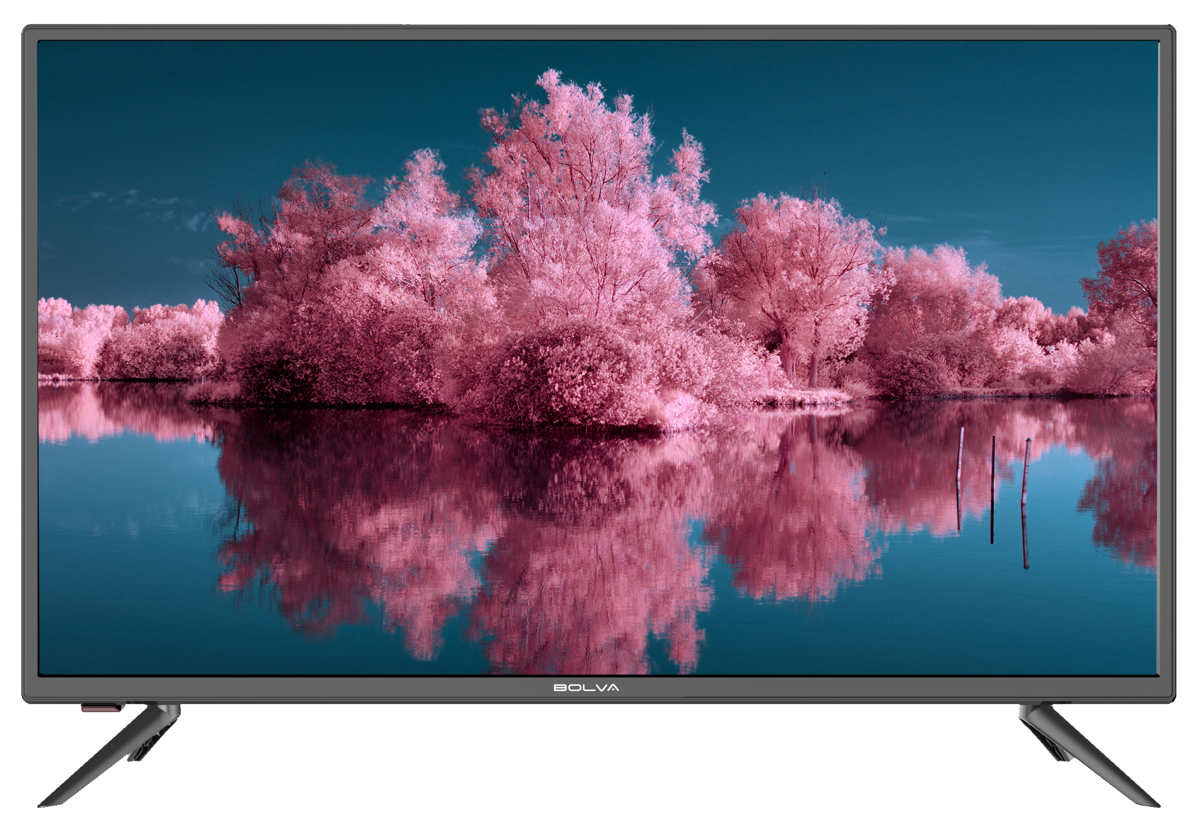 Una TV che mostra un paesaggio dai toni rosa di alberi e acqua. La cornice è grigia.