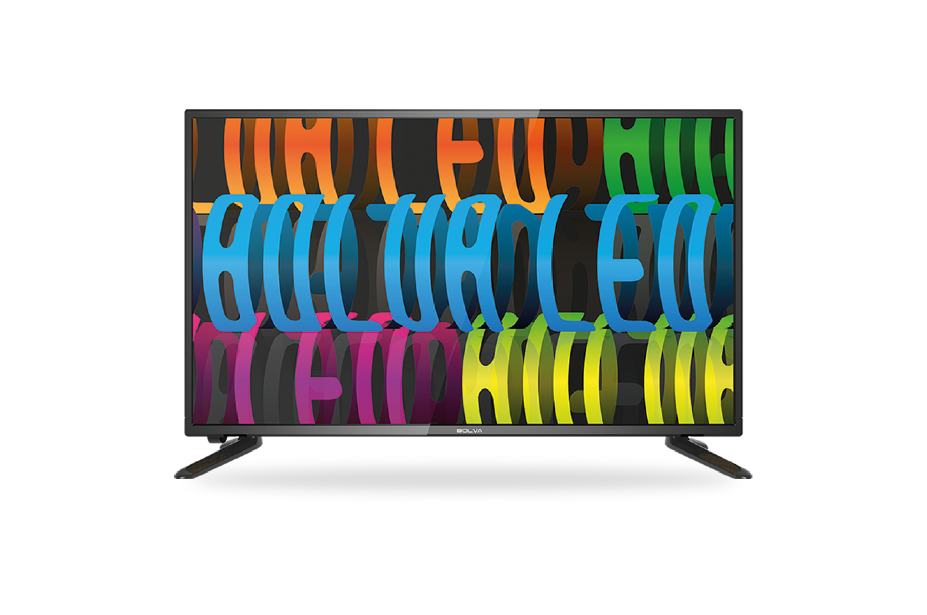 Una TV nera con testo colorato sullo schermo su sfondo nero.