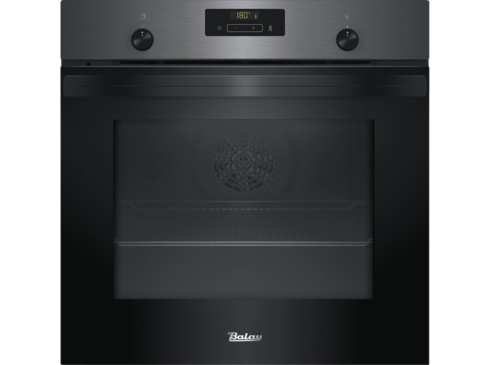 Horno empotrado negro con pantalla digital. Perillas y el logotipo de la marca también son visibles.