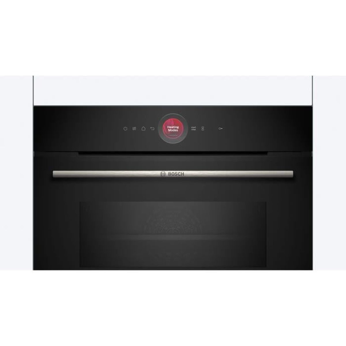 Horno Bosch negro con pantalla digital e indicador de modos de calentamiento, sobre fondo blanco.