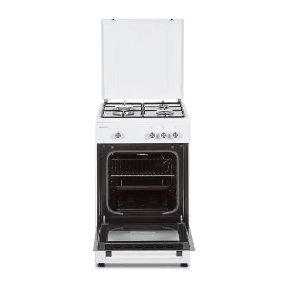 Cocina de gas blanca con puerta del horno abierta. Cuatro quemadores arriba, puerta abierta abajo.