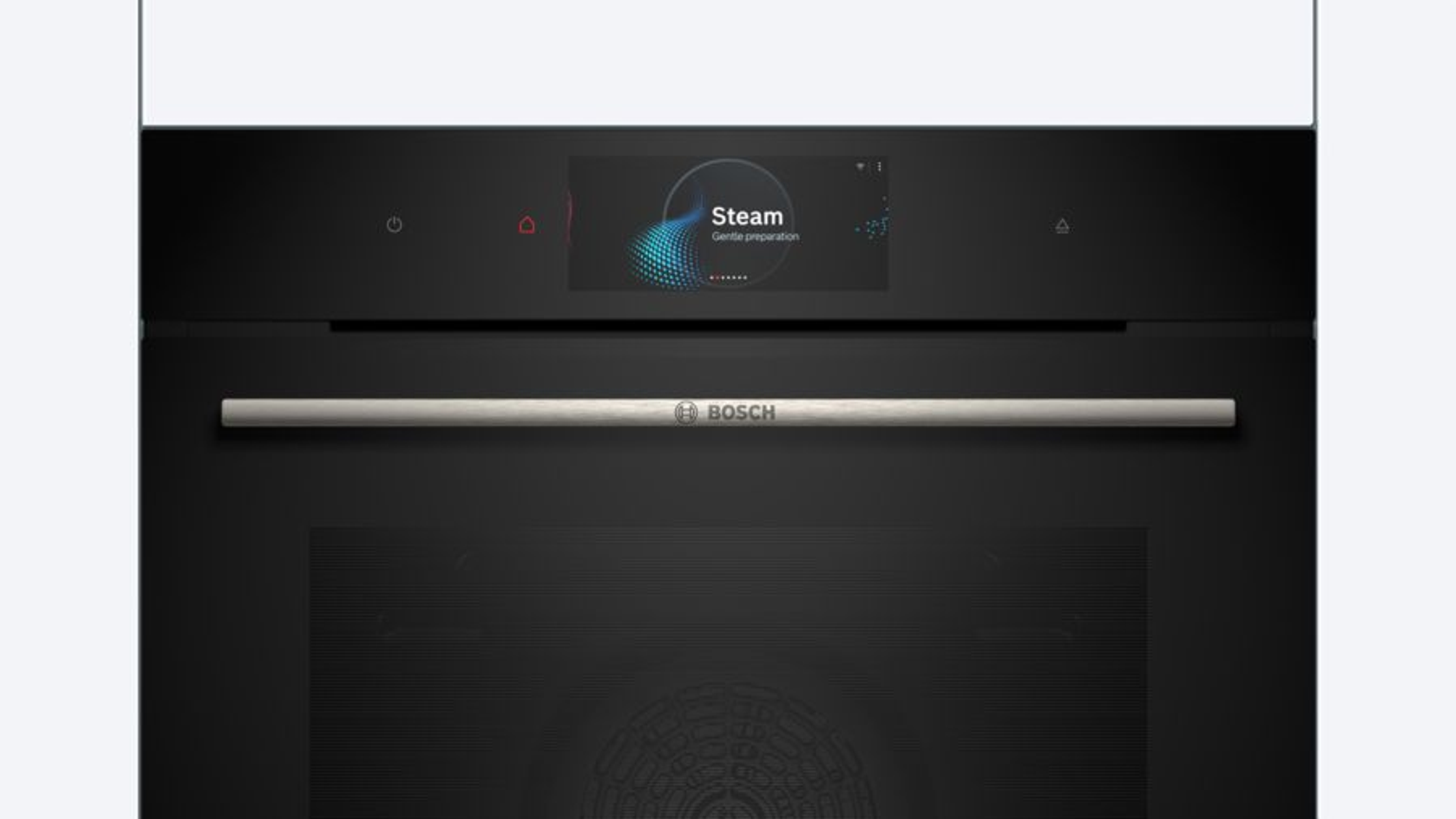 Un horno negro con una pantalla que muestra la palabra "Steam". Tiene un asa y la marca Bosch.