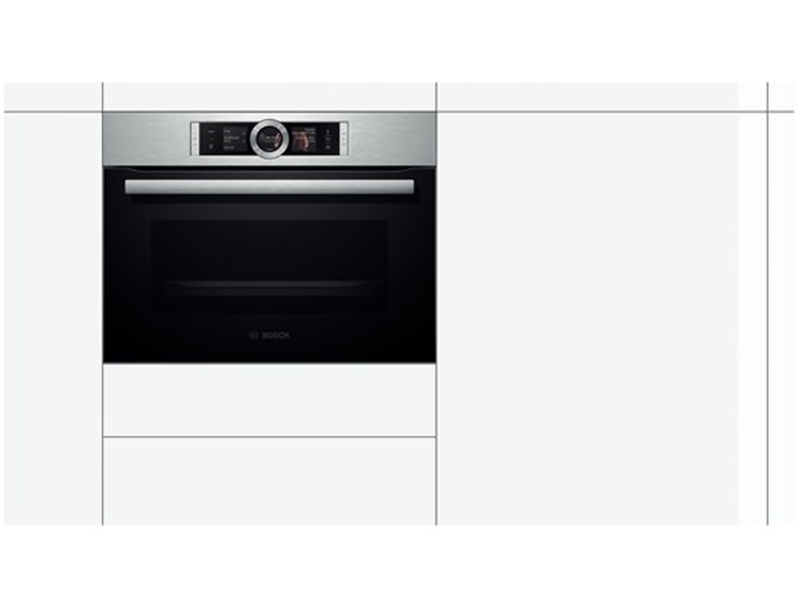 Un forno integrato in un mobile da cucina bianco, con porta in acciaio inossidabile e logo Bosch.