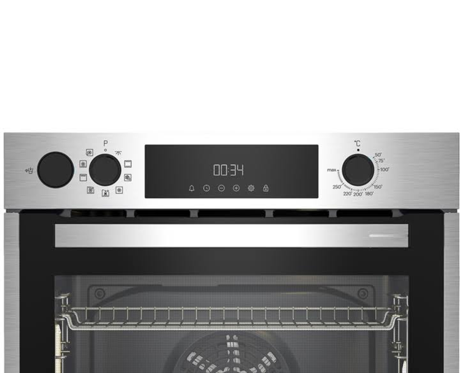 Primer plano de un panel de control de horno de acero inoxidable con pantalla digital.