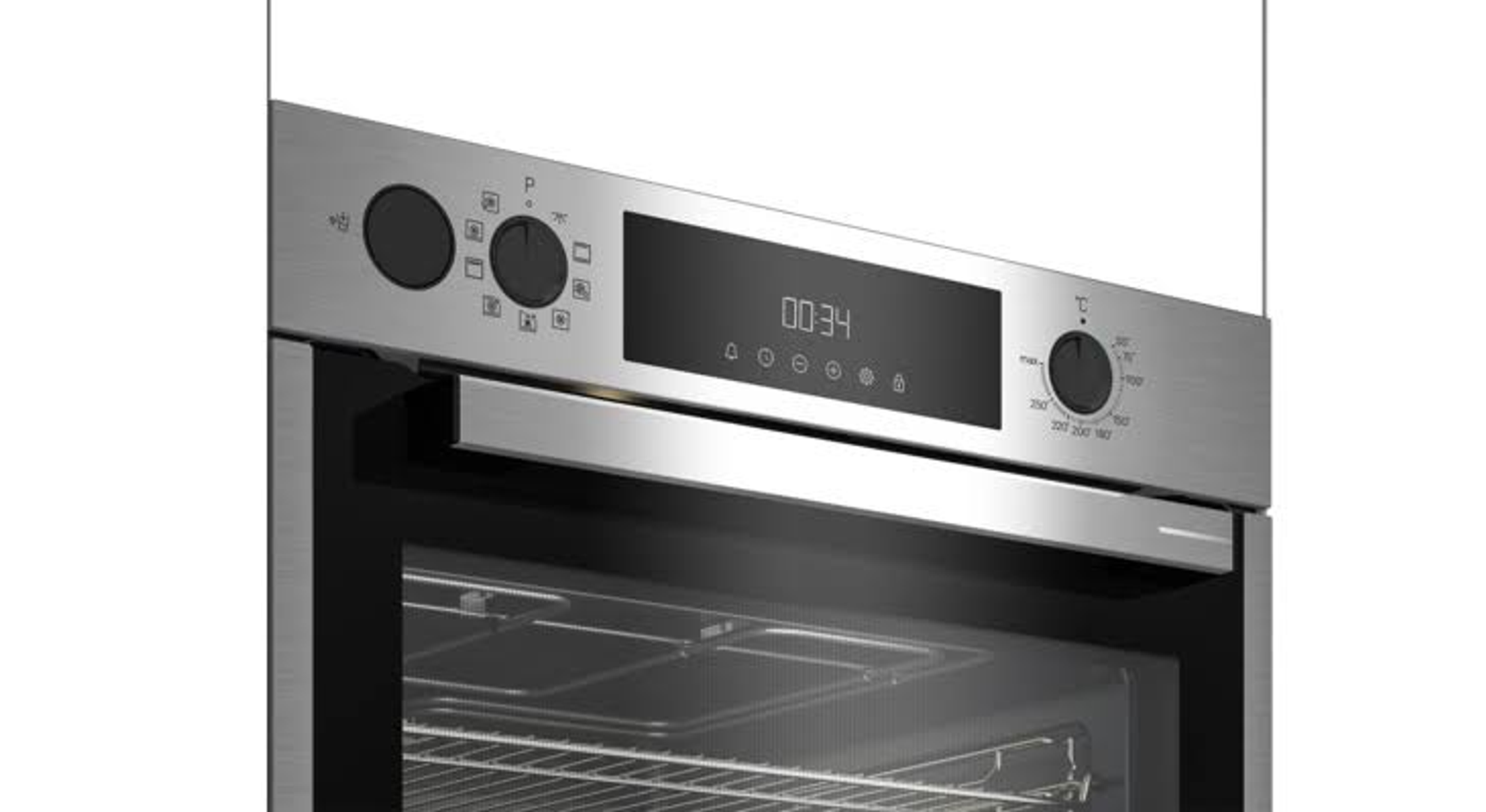 Panel de control del horno con diales, pantalla digital que muestra 00:34. El fondo es blanco.