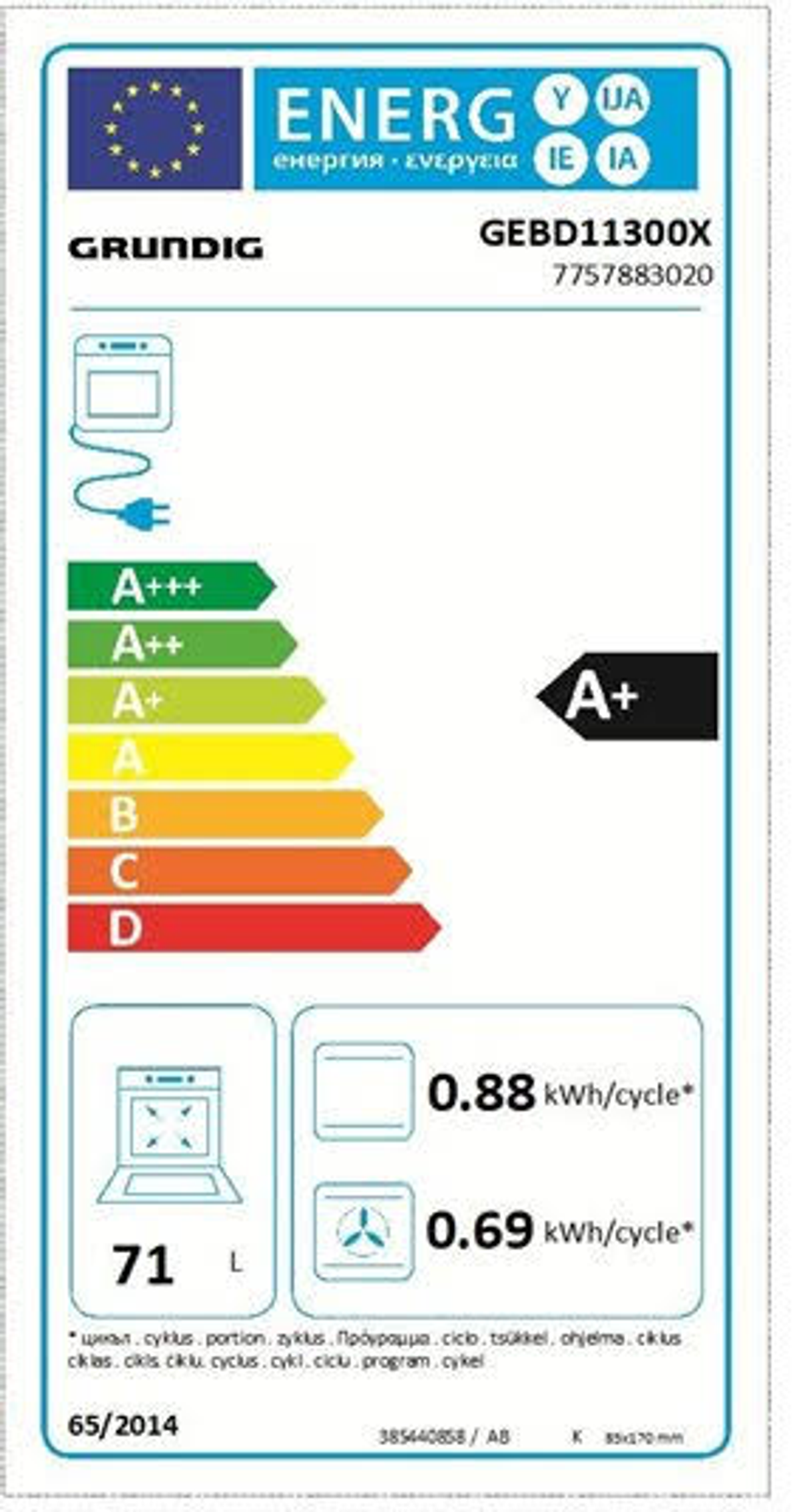 Etiqueta energética. Muestra clasificaciones de eficiencia, incluida A+, y datos de consumo para un horno.