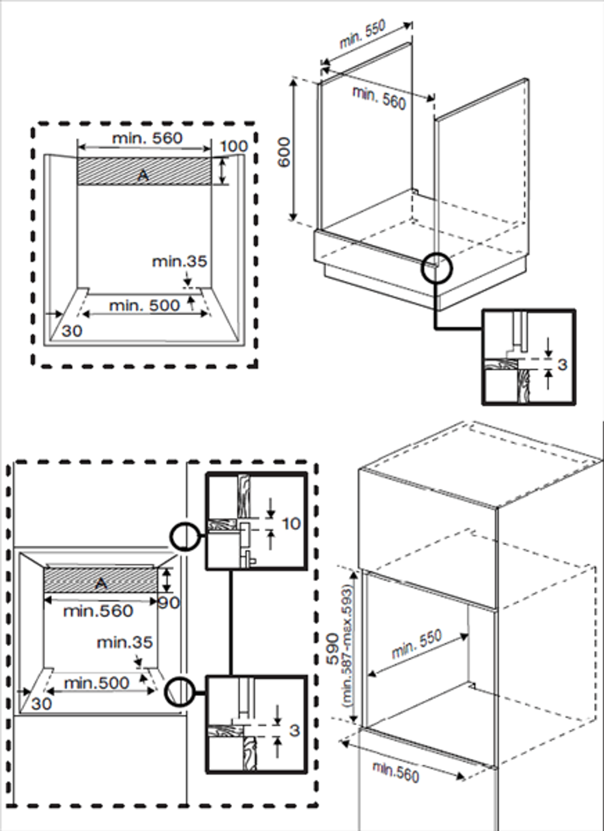 Diagramas que muestran dimensiones y medidas de instalación de un horno empotrado.