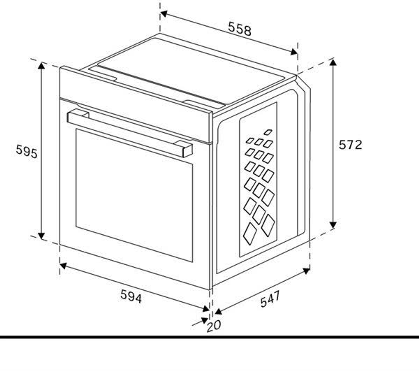 Vista isométrica de un horno. Tiene dimensiones etiquetadas en milímetros, mostrando su tamaño.