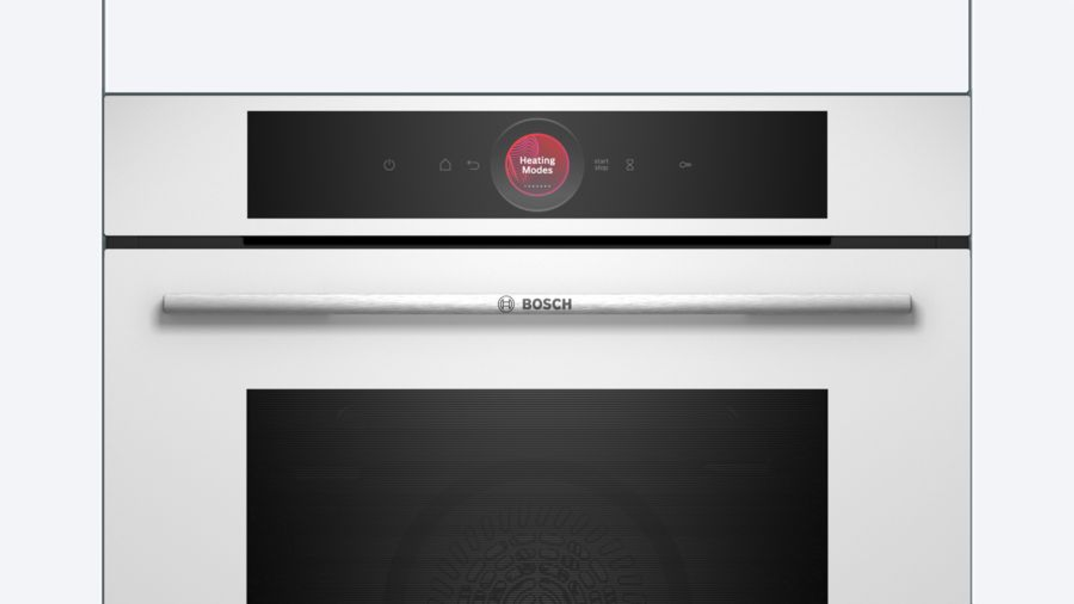 Un horno empotrado con exterior blanco, puerta negra y panel de control con pantalla circular roja.