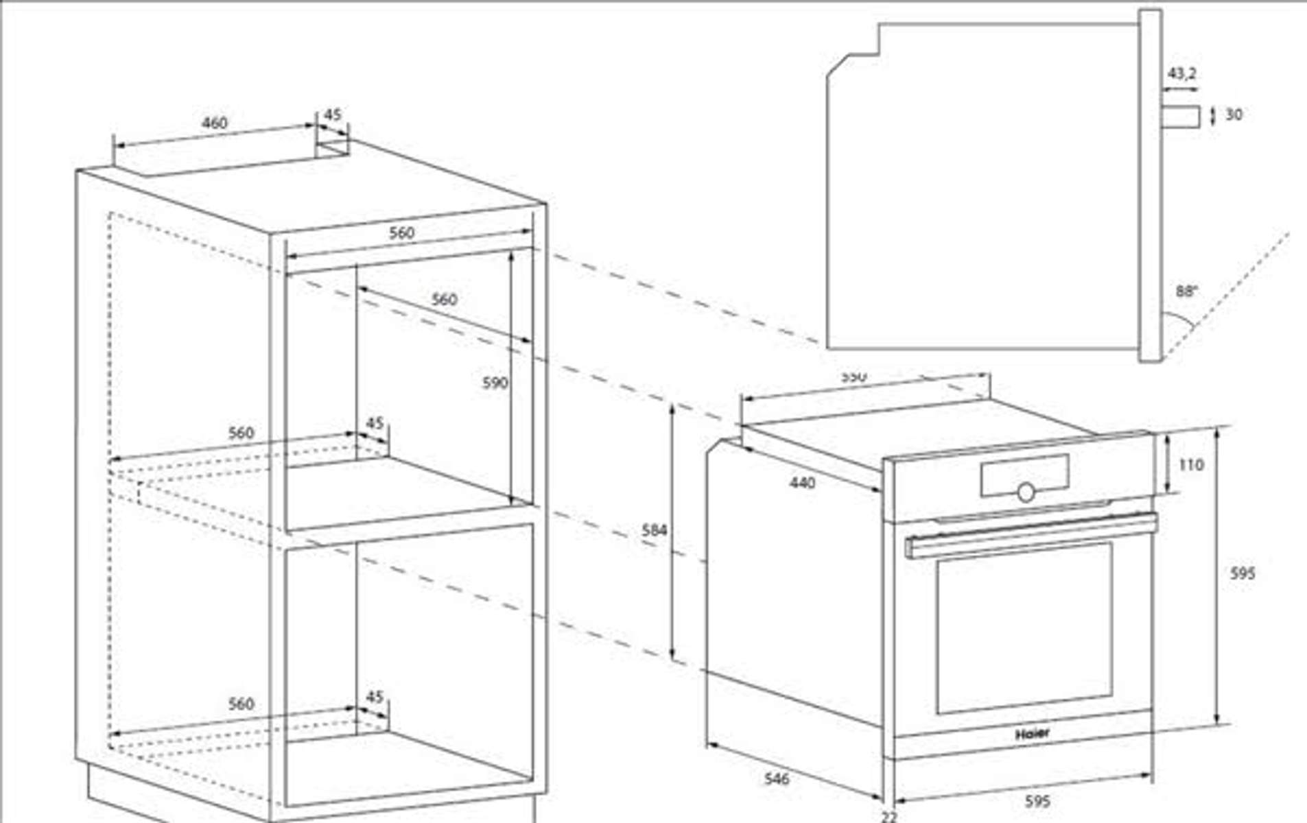 Diagramma che mostra le dimensioni di un forno Haier con spazio per l'installazione.