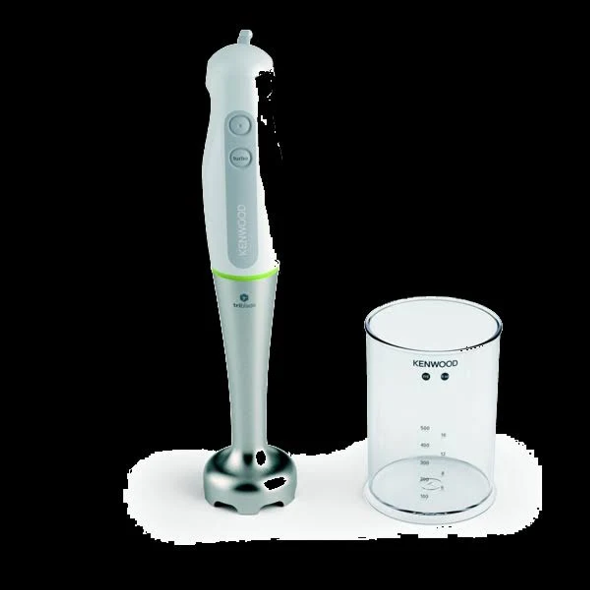 Una batidora de mano Kenwood blanca y plateada y un vaso transparente.