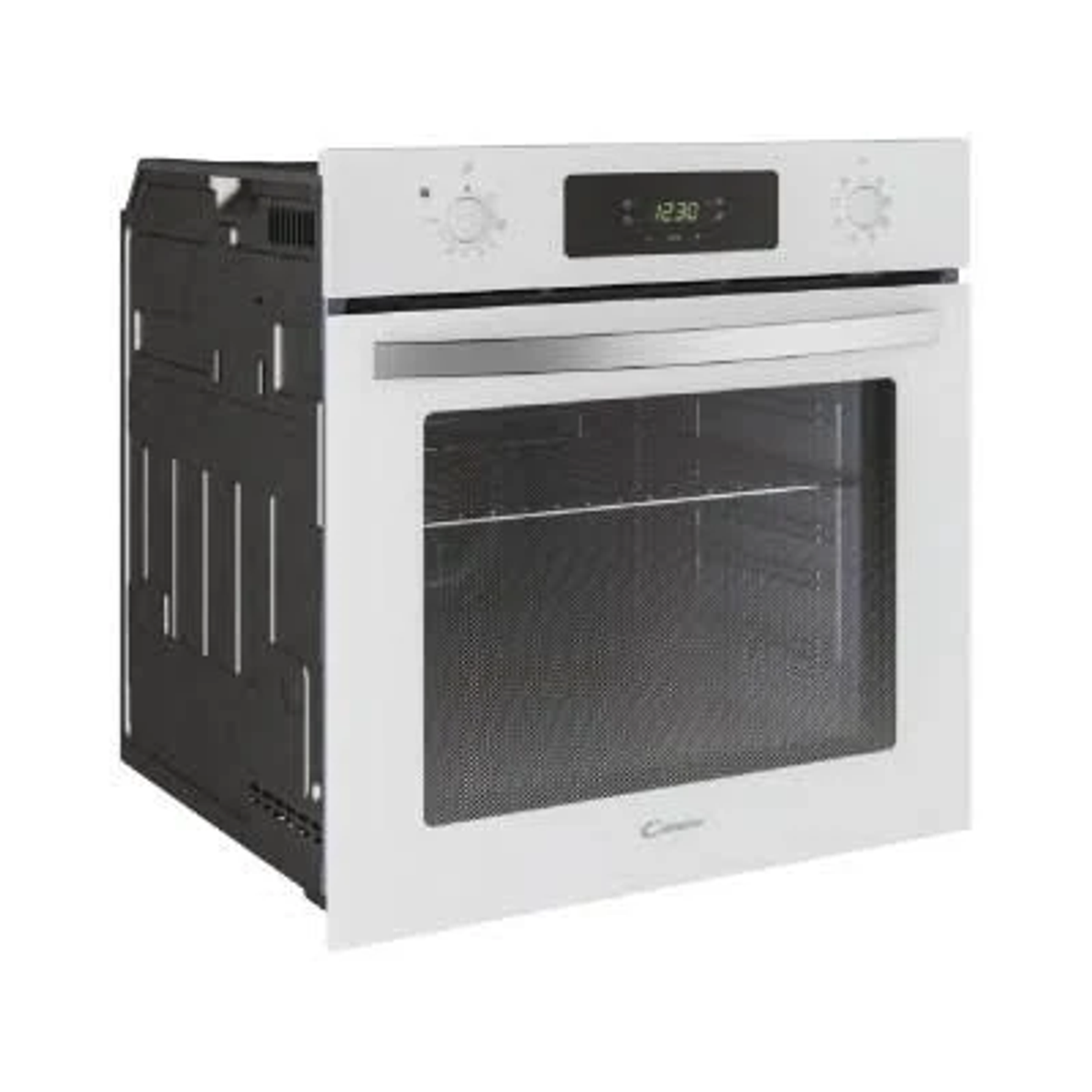 Un horno blanco con pantalla digital y mandos. Tiene una puerta parcialmente abierta que muestra el interior.