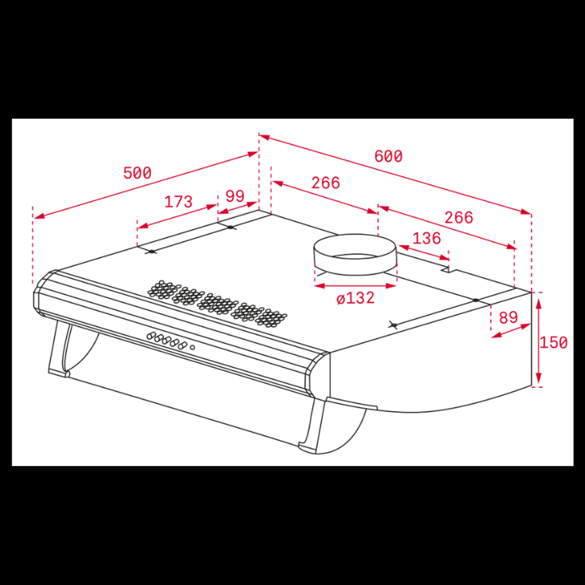 Un diagramma di una cappa aspirante con dimensioni. È un disegno tecnico con misure. Sfondo bianco.