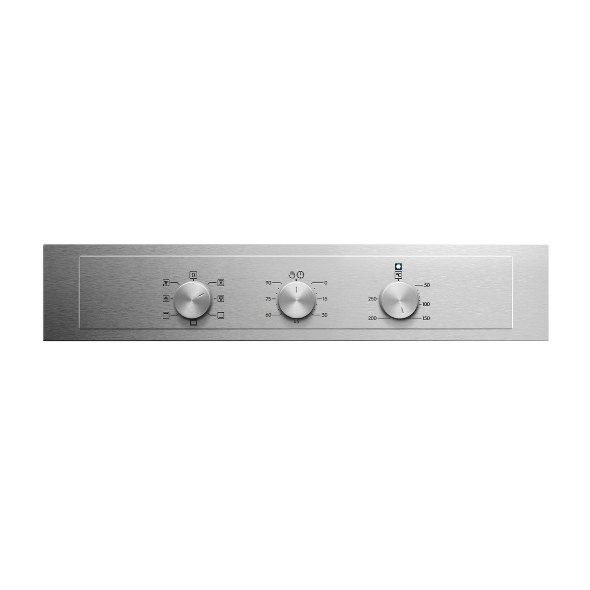 Sterowanie piekarnikiem. Srebrny panel z trzema pokrętłami i oznaczeniami. Nowoczesny, minimalistyczny design.