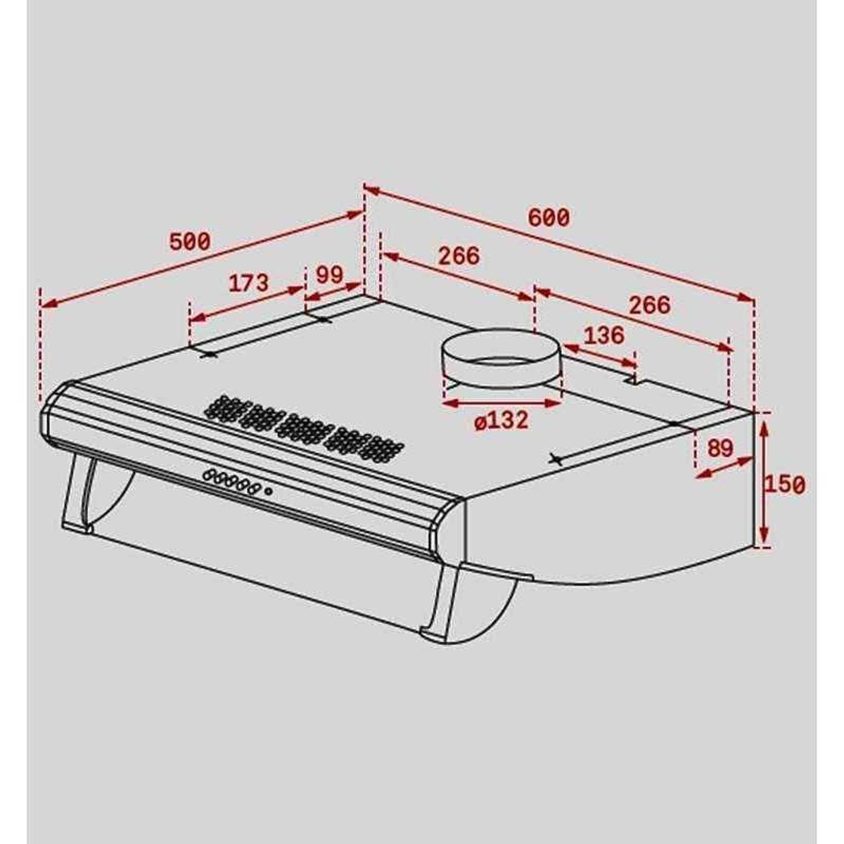 Un diagramma che mostra le dimensioni di una cappa rettangolare.