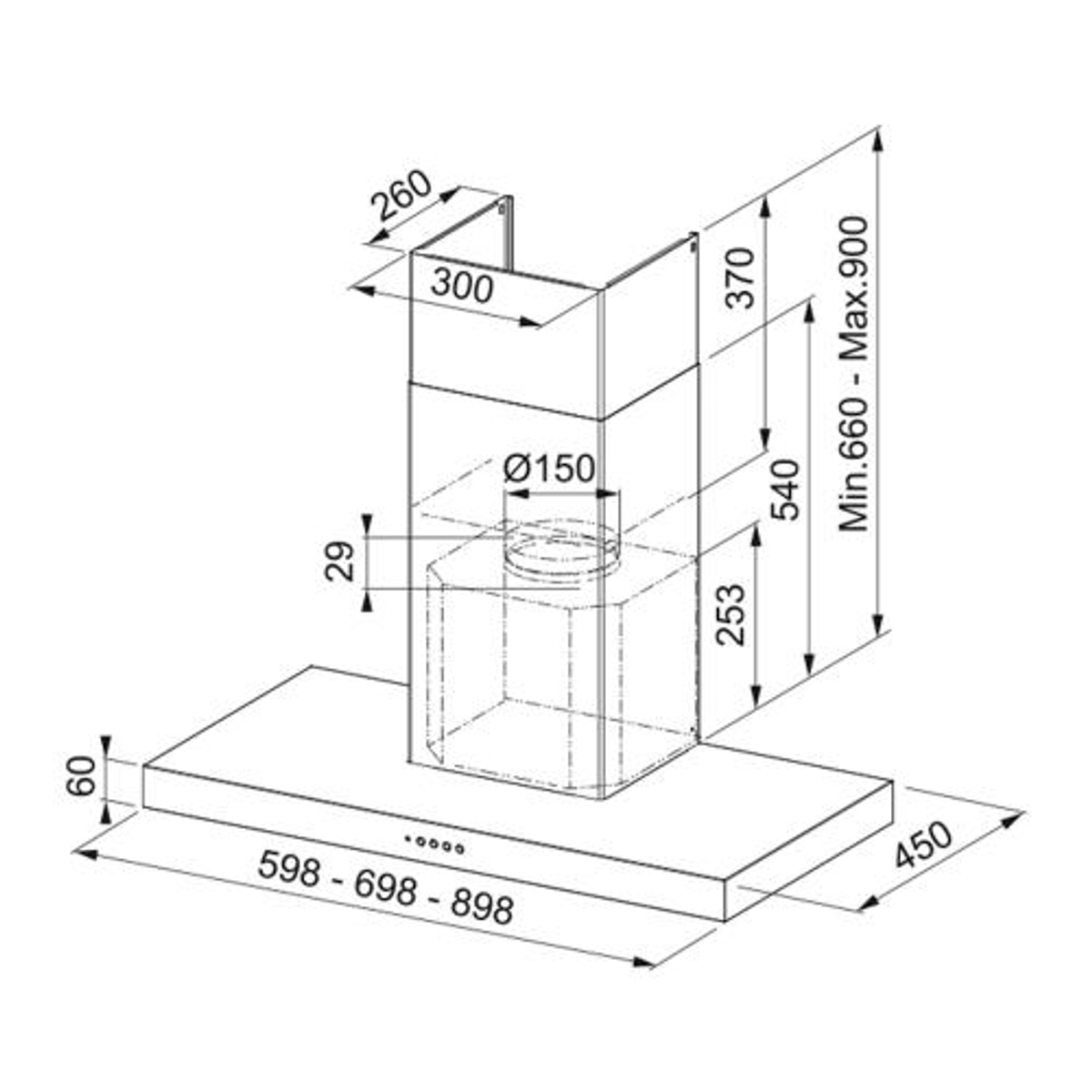 Dibujo técnico de una campana extractora, que muestra dimensiones y medidas.