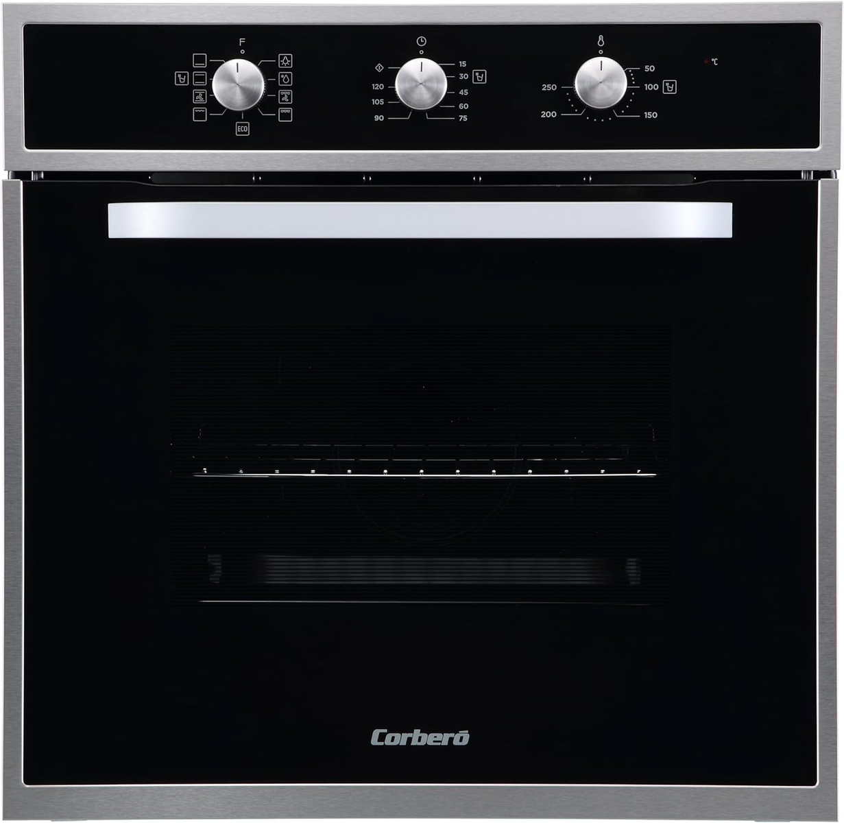 Primer plano de un horno de acero inoxidable. Cuenta con perillas, una pantalla y una puerta de vidrio que muestra el interior.
