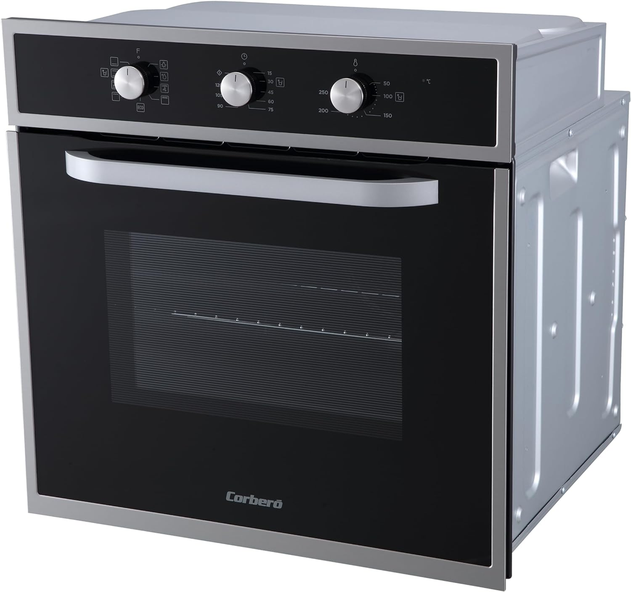 Un horno de acero inoxidable con puerta de vidrio negro y mandos, sobre un fondo blanco.