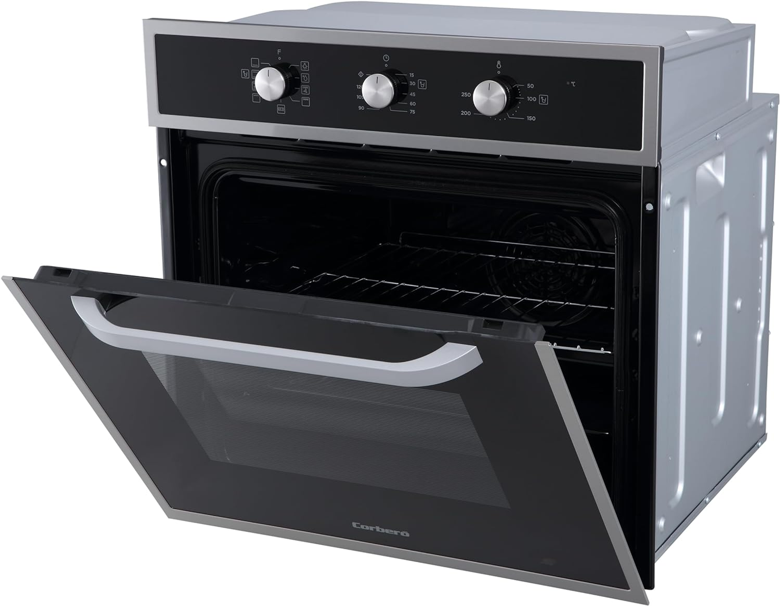 Horno con puerta abierta. Estantes interiores. Exterior plateado. Controles arriba. Marca Corbero.
