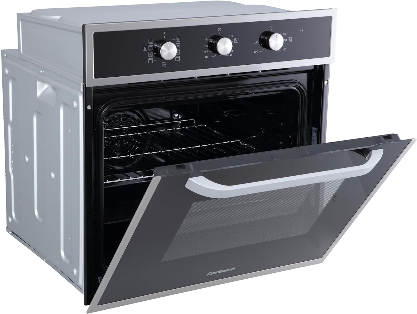 Un horno con la puerta abierta, mostrando el interior. Controles arriba, lados plateados.