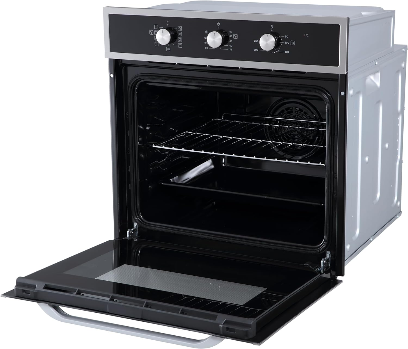 Horno abierto, acero inoxidable, con controles, mostrando rejillas y ventilador.