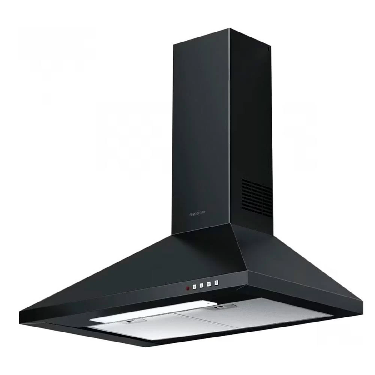 Una campana extractora negra con un diseño elegante. Tiene forma rectangular y una chimenea.