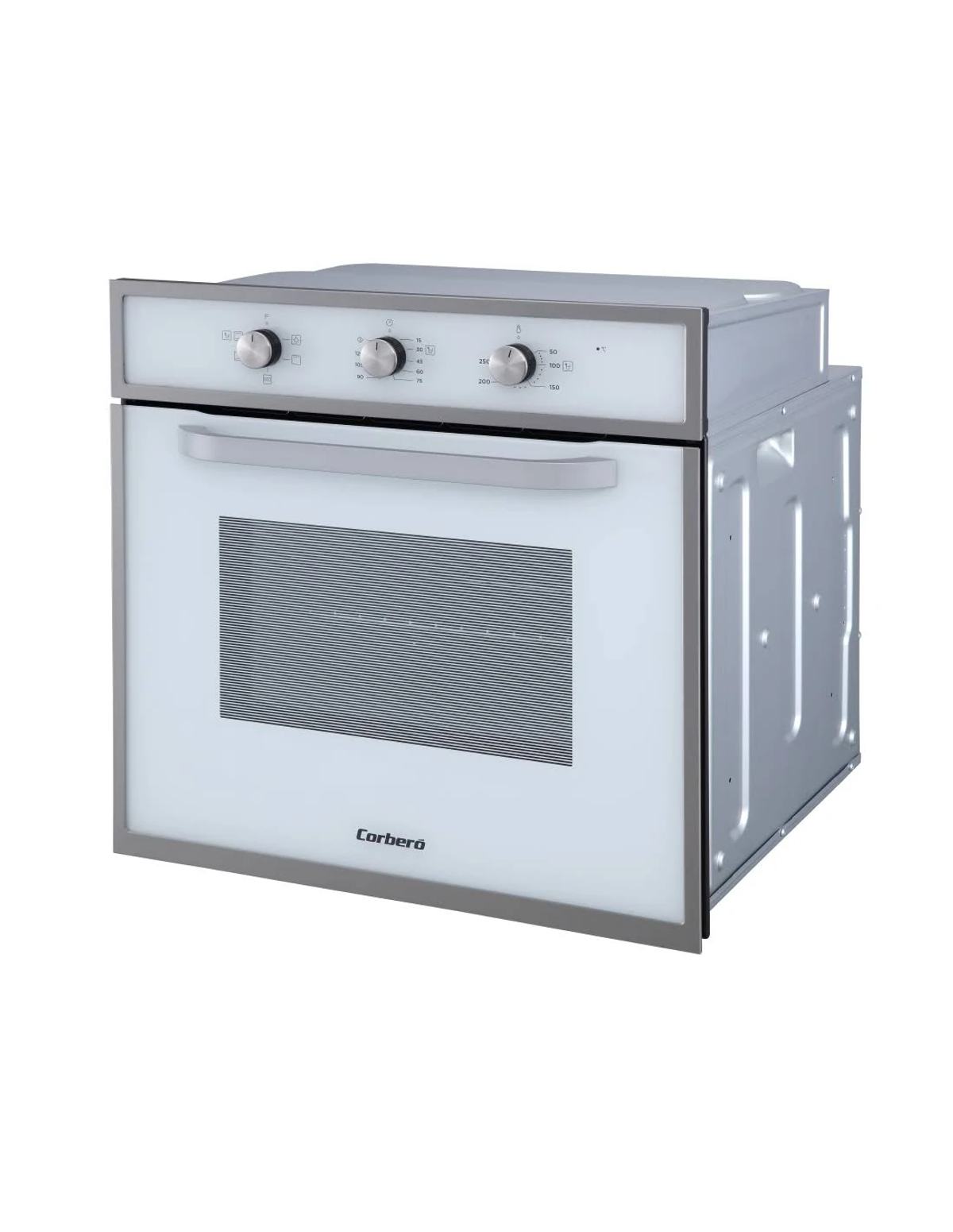 Horno Corberó blanco con mandos, asa y lado parcialmente visible. La puerta está cerrada.
