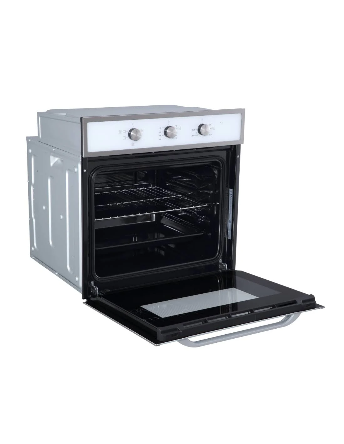 Un horno empotrado abierto, vista frontal, con rejillas y puerta de cristal.