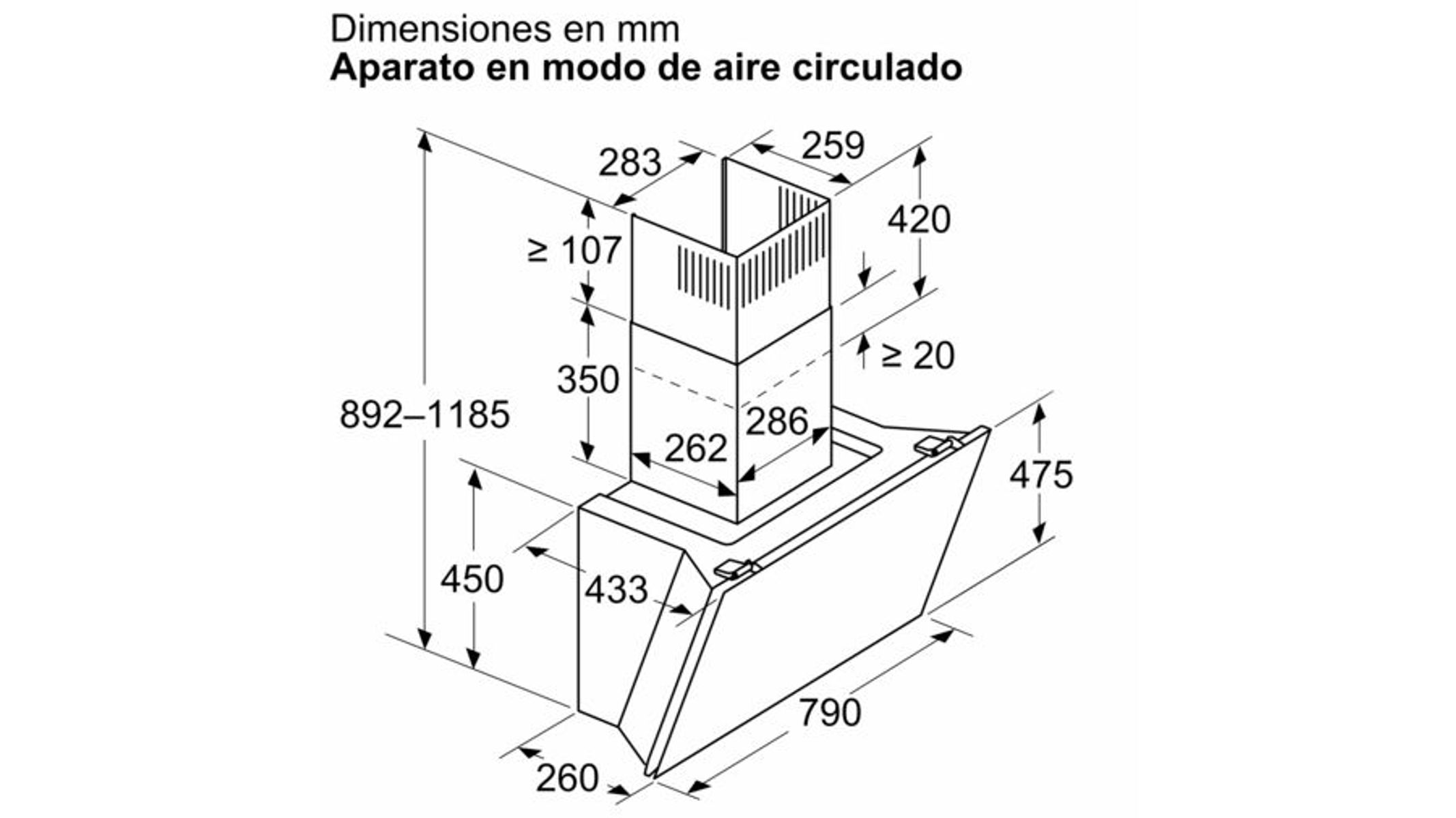 Diagrama que muestra las dimensiones de una campana extractora en modo de circulación de aire.