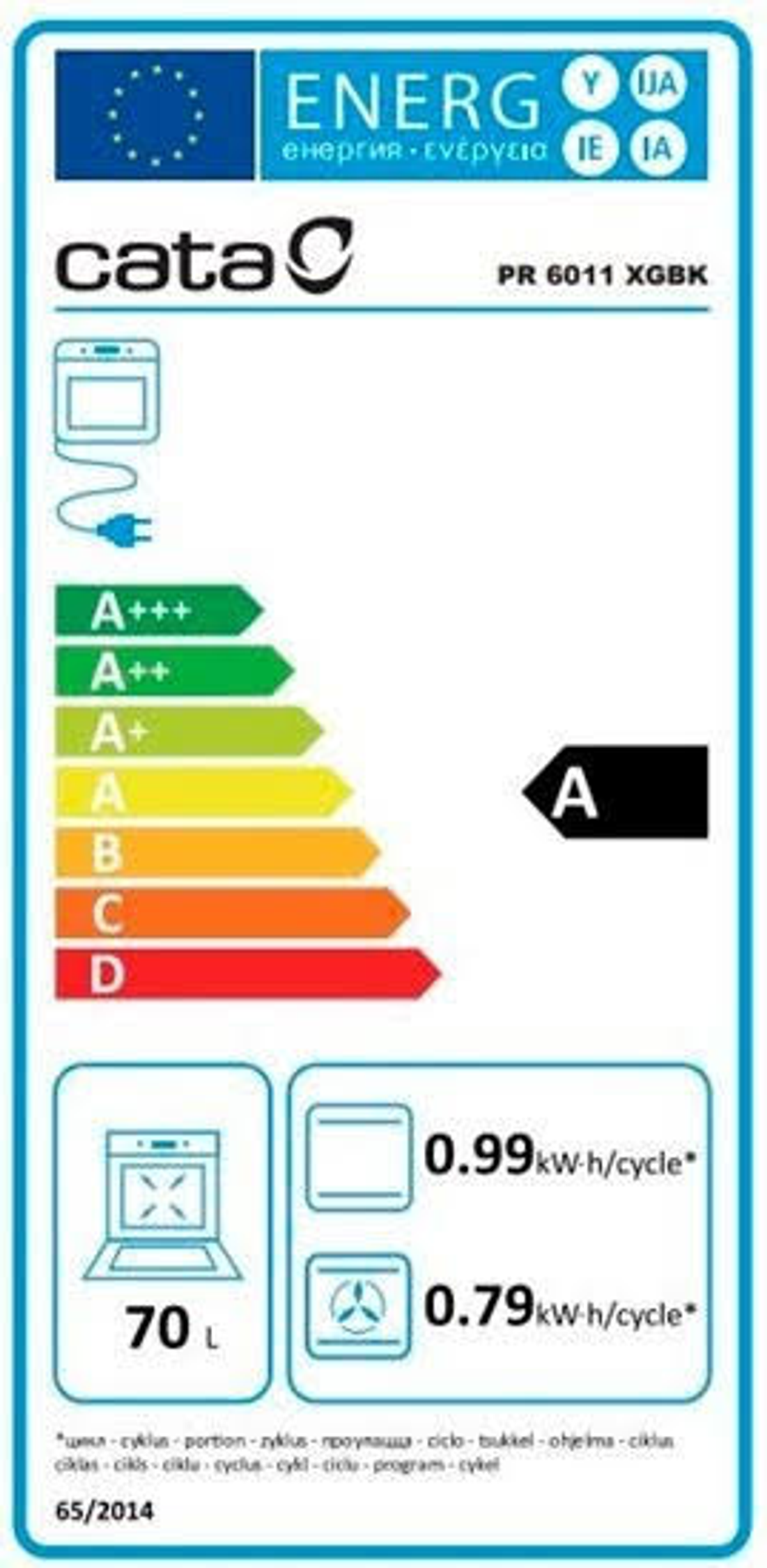 Etiqueta energética para un horno Cata. Muestra eficiencia, consumo y especificaciones técnicas.