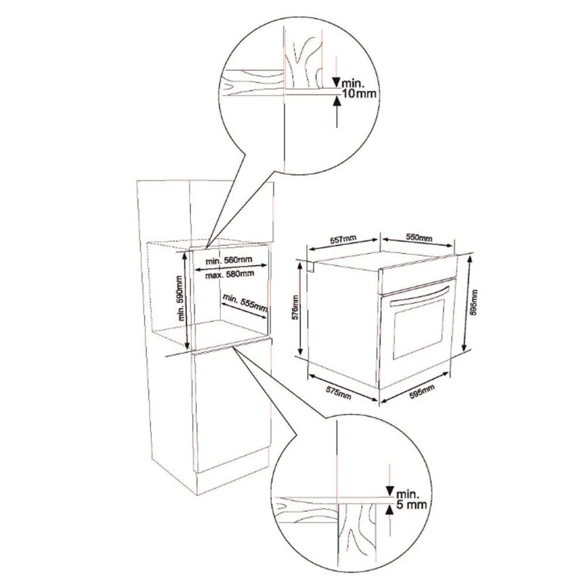Dibujo técnico de un horno con dimensiones y requisitos de instalación.