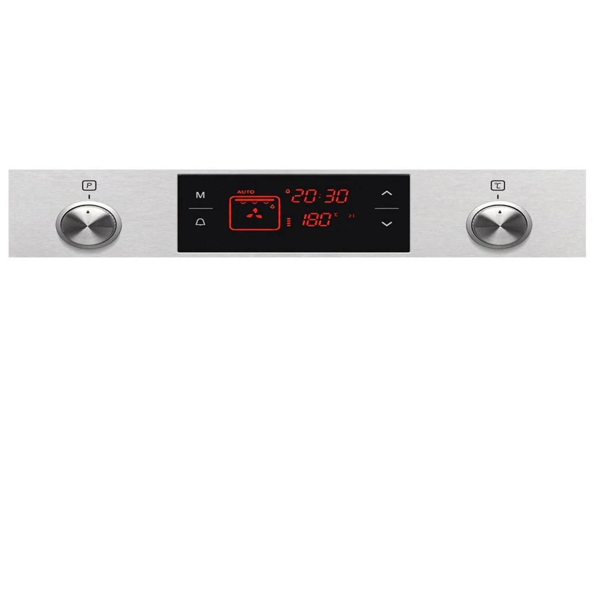 Panel de control del horno con pantalla digital y diales. La pantalla muestra ajustes.